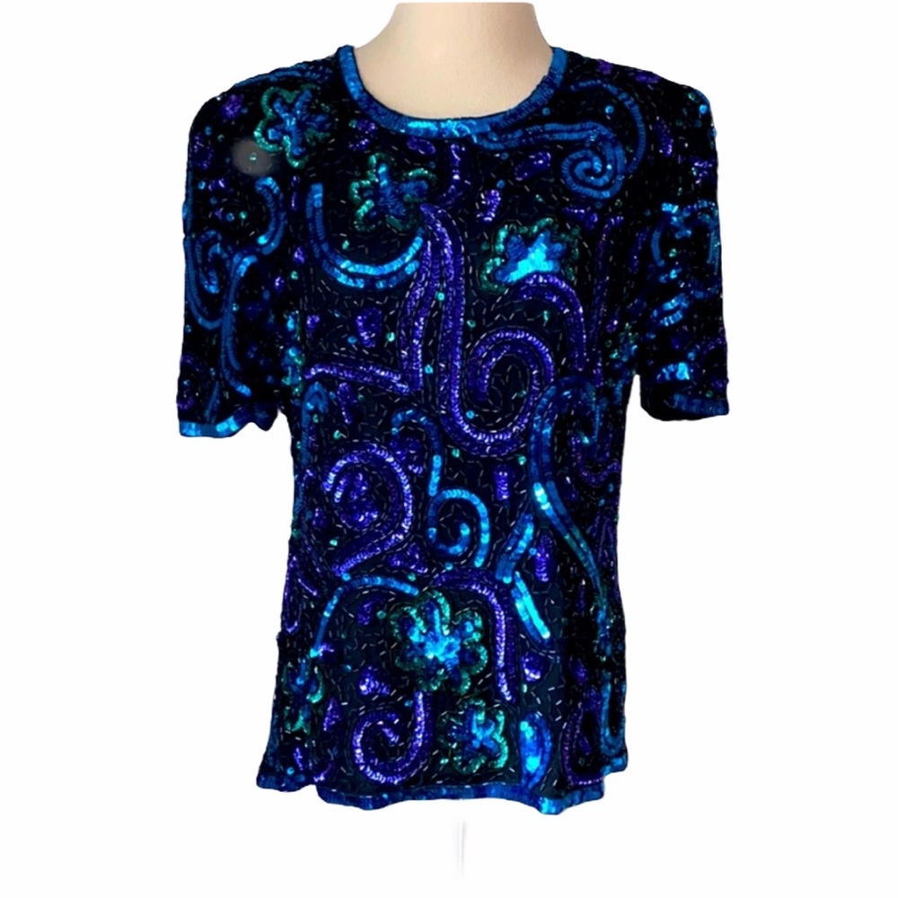 Vintage Silk Sparkle Beaded Top Size Small Petite Black Purple Glam